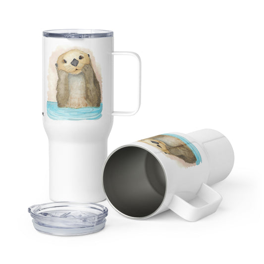 Stainless steel travel mug with handle. Holds 25 ounces of hot or cold liquids. Fits most car cup holders. Features double-sided image of a watercolor sea otter. Comes with spill proof plastic lid.