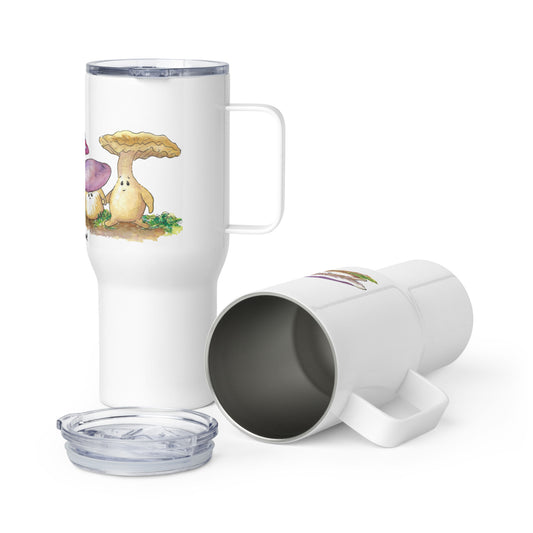 Stainless steel travel mug with handle. Holds 25 ounces of hot or cold liquids. Fits most car cup holders. Features Mushy and his whimsical mushroom friends. Comes with spill proof plastic lid.