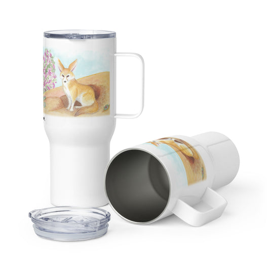 Stainless steel travel mug with handle. Comes with BPA-free plastic spill-proof lid. Fits most car cup holders. Features double-sided image of Heather Silver's painting of a fennec fox in the desert. Holds 25 ounces of hot or cold liquid.