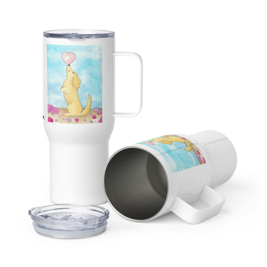 Stainless steel travel mug with handle. Holds 25 ounces of hot or cold liquids. Fits most car cup holders. Features double-sided Puppy Love watercolor print. Comes with spill proof plastic BPA-free lid.