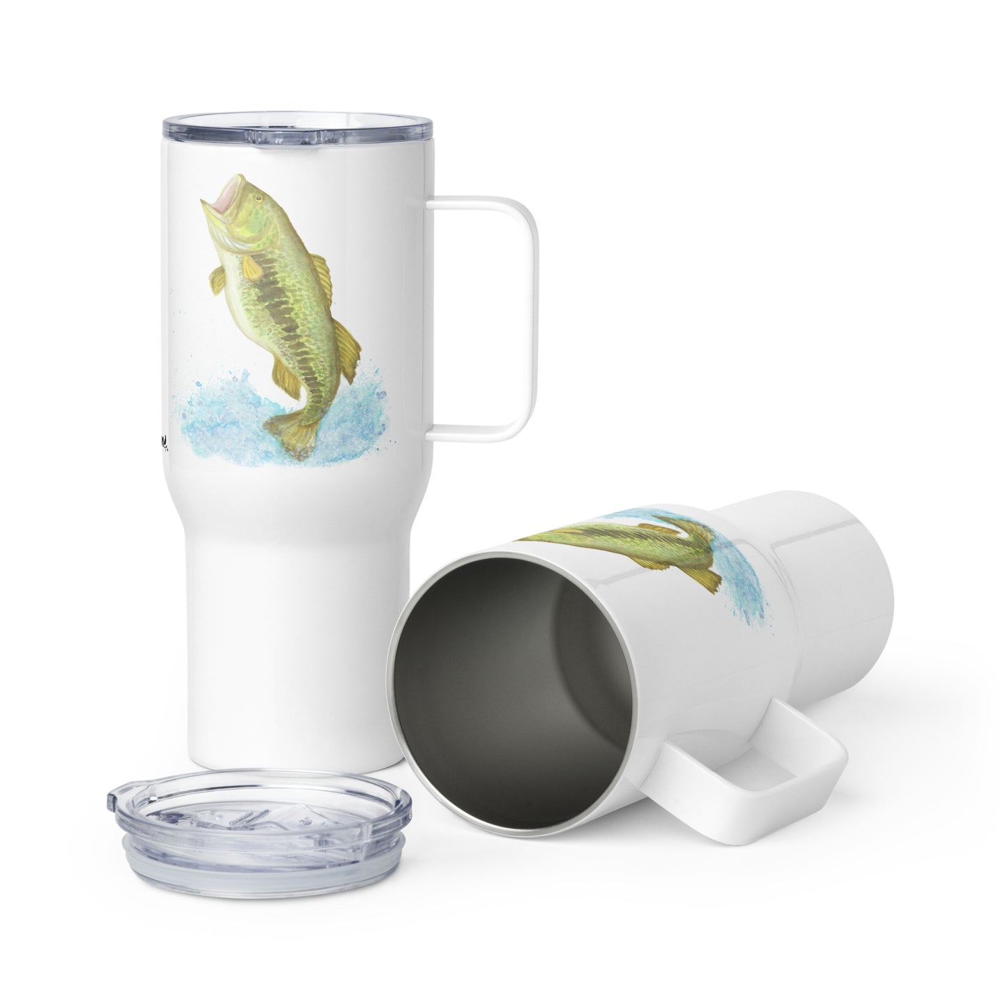 Stainless steel travel mug with handle. Holds 25 ounces of hot or cold drinks. Has print of watercolor bass fish on both sides. Fits most car cup holders. Comes with spill-proof BPA-free plastic lid.