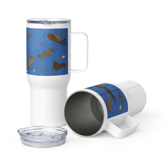 Stainless steel travel mug with handle. Holds 25 ounces of hot or cold drinks. Has wraparound illustrated sea otter jamboree design. Fits most car cup holders. Comes with spill-proof BPA-free plastic lid.