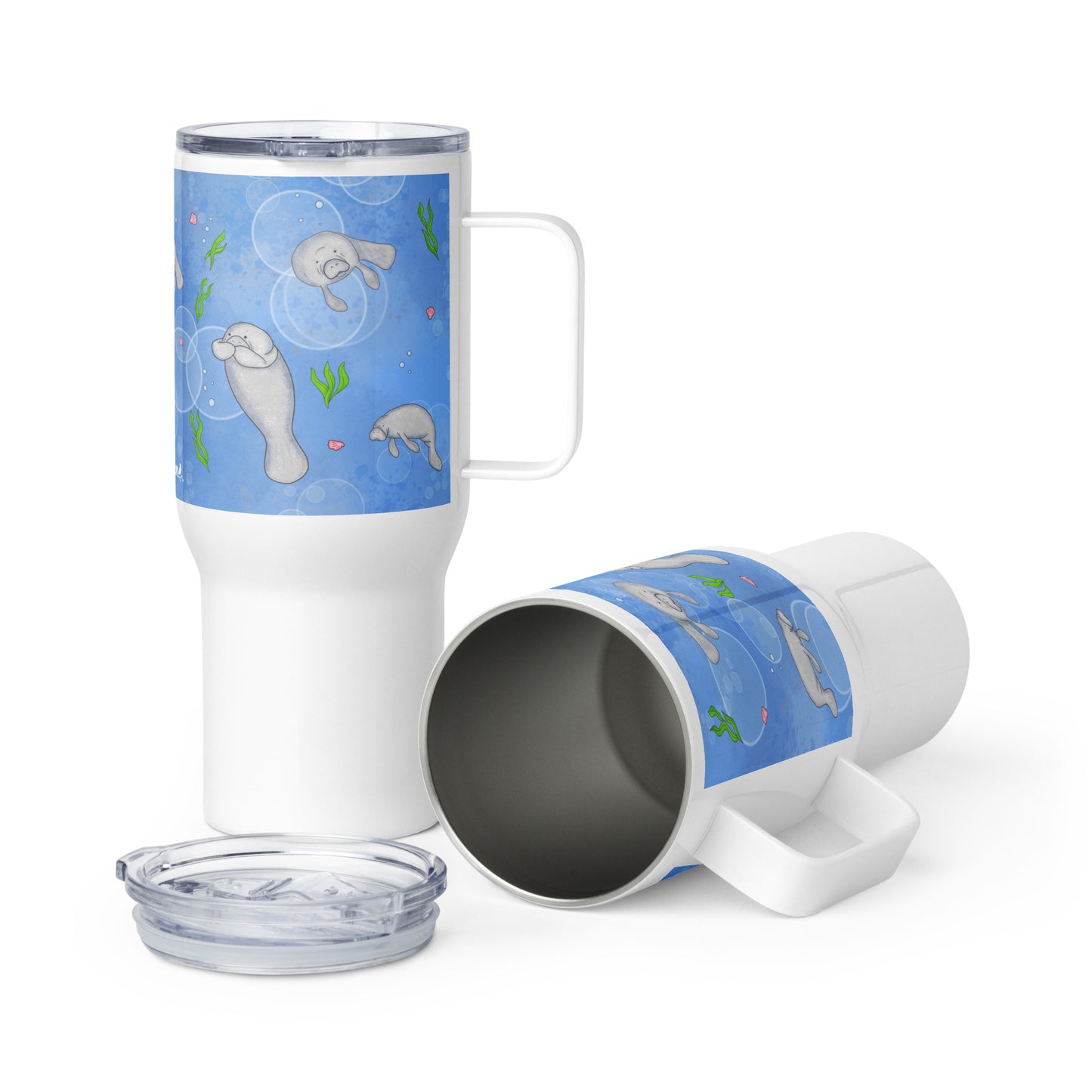 Stainless steel travel mug with handle. Holds 25 ounces of hot or cold drinks. Has wraparound illustrated manatees design. Fits most car cup holders. Comes with spill-proof BPA-free plastic lid.