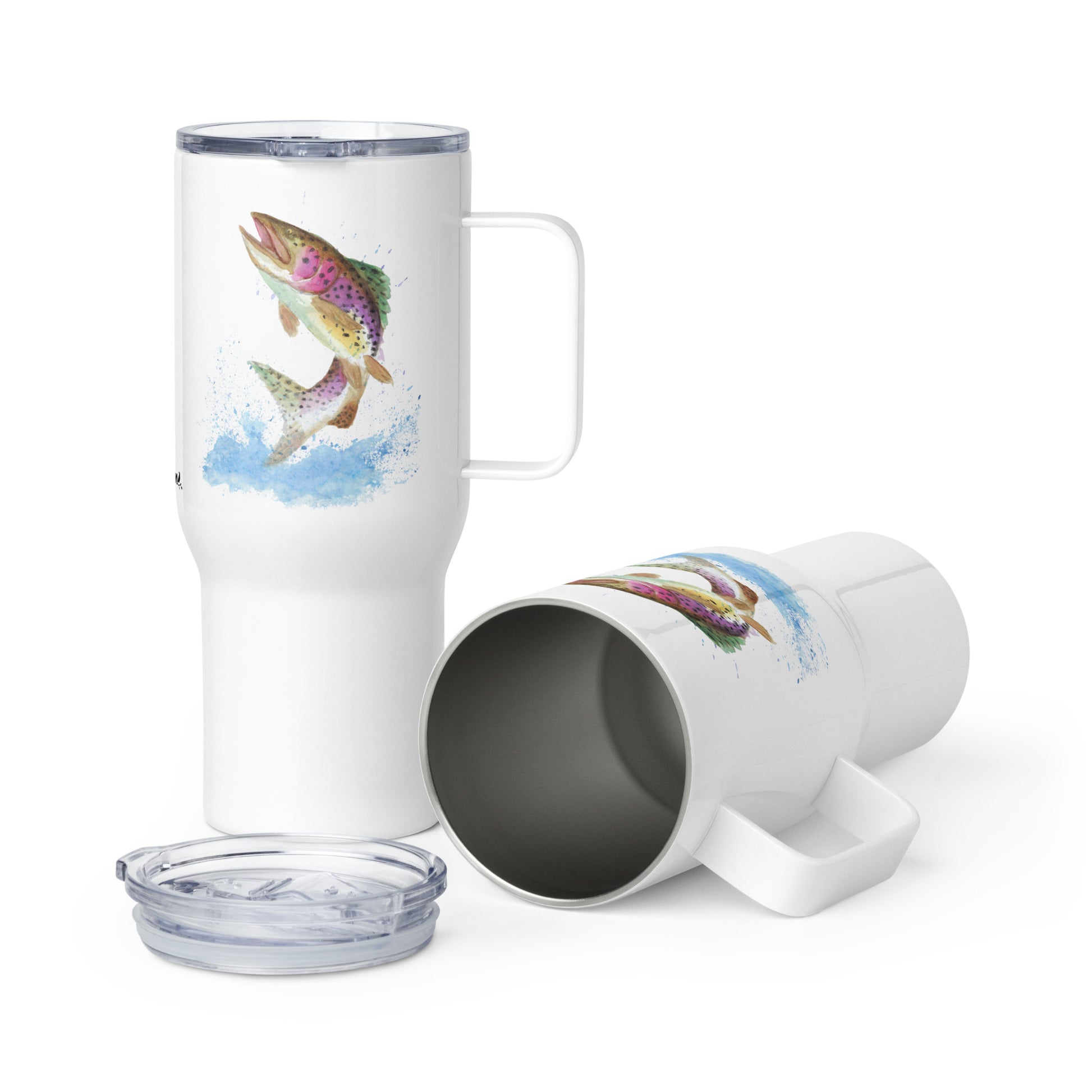 Stainless steel travel mug with handle. Holds 25 ounces of hot or cold drinks. Has print of watercolor rainbow trout fish on both sides. Fits most car cup holders. Comes with spill-proof BPA-free plastic lid.