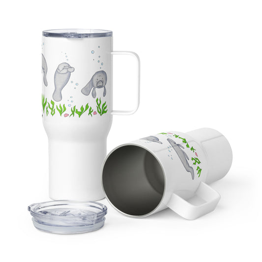 Stainless steel travel mug with handle. Holds 25 ounces of hot or cold drinks. Has wraparound illustrated manatees and plants. Fits most car cup holders. Comes with spill-proof BPA-free plastic lid. Image shows two travel mugs in different postitions.