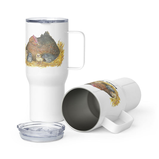 25 ounce insulated stainless steel travel mug with handle. Features double-sided image of a watercolor mother hen and chicks in a nest.