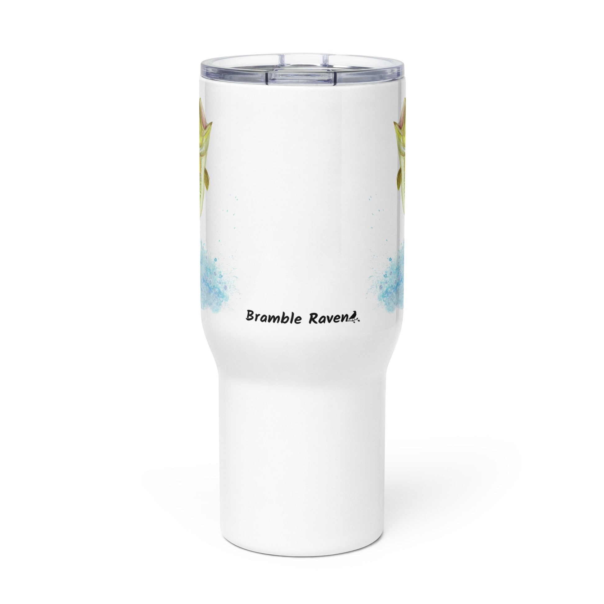 Stainless steel travel mug with handle. Holds 25 ounces of hot or cold drinks. Has print of watercolor bass fish on both sides. Fits most car cup holders. Comes with spill-proof BPA-free plastic lid. Front view of mug.