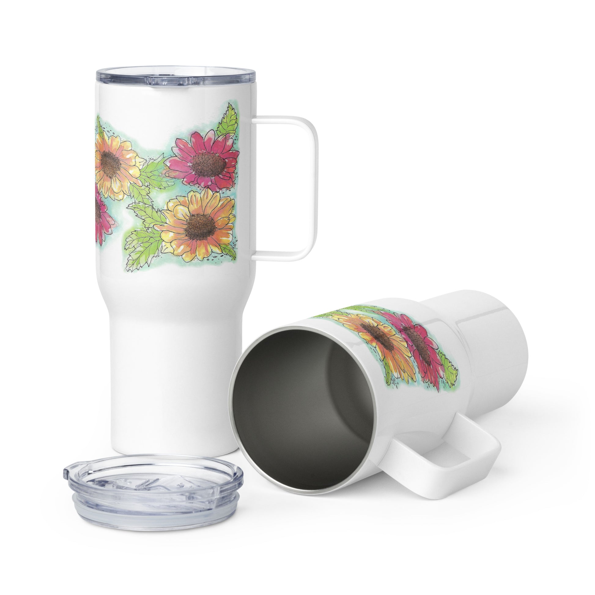Gerber daisies stainless steel travel mug with handle. Holds 25 ounces and has a BPA-free plastic lid.