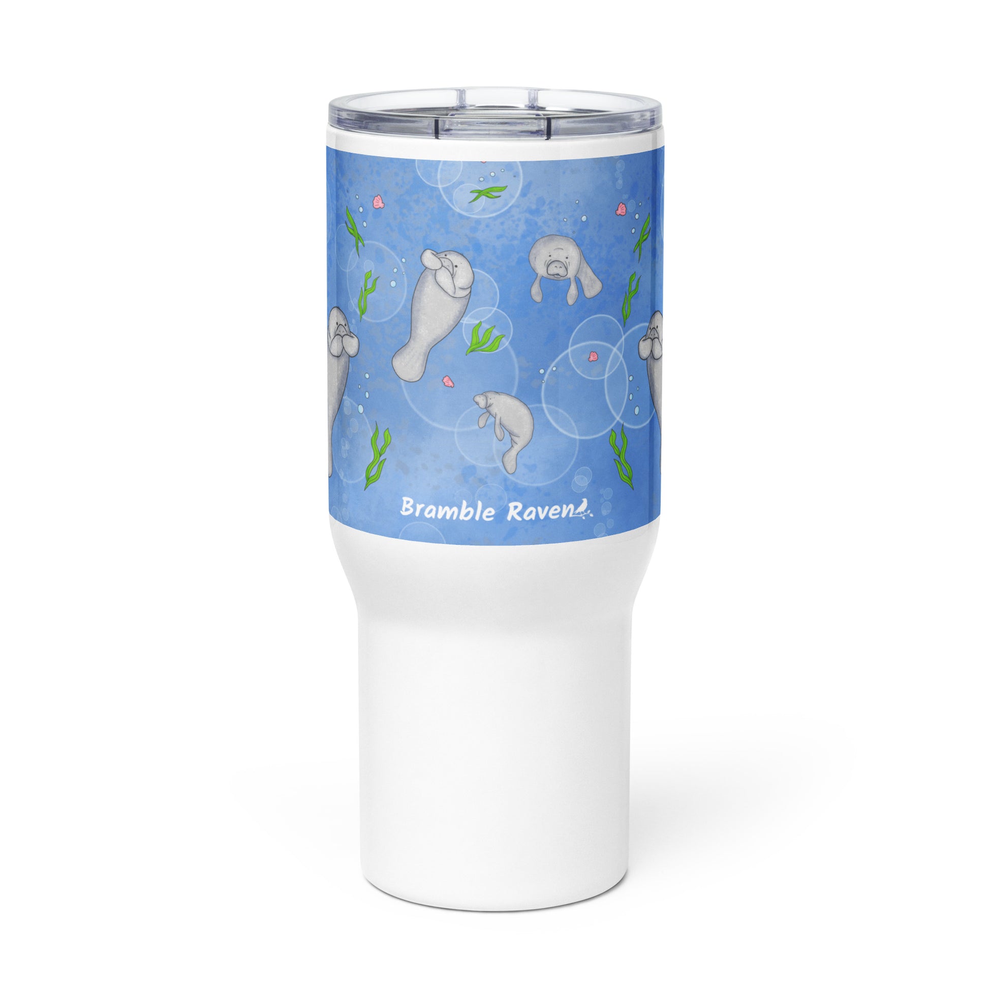 Stainless steel travel mug with handle. Holds 25 ounces of hot or cold drinks. Has wraparound illustrated manatees design. Fits most car cup holders. Comes with spill-proof BPA-free plastic lid. Front view of travel mug.