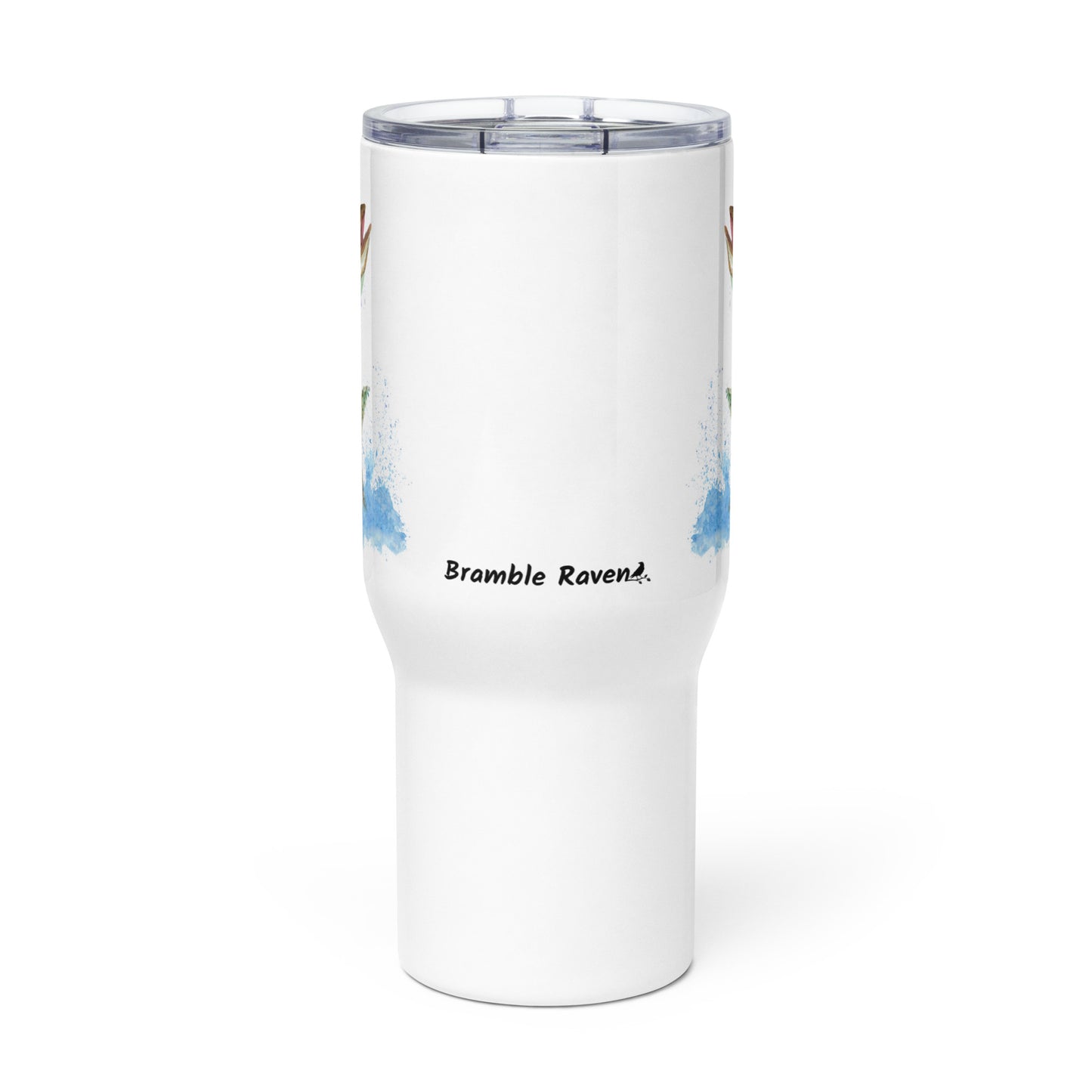 Stainless steel travel mug with handle. Holds 25 ounces of hot or cold drinks. Has print of watercolor rainbow trout fish on both sides. Fits most car cup holders. Comes with spill-proof BPA-free plastic lid. Front view of mug.