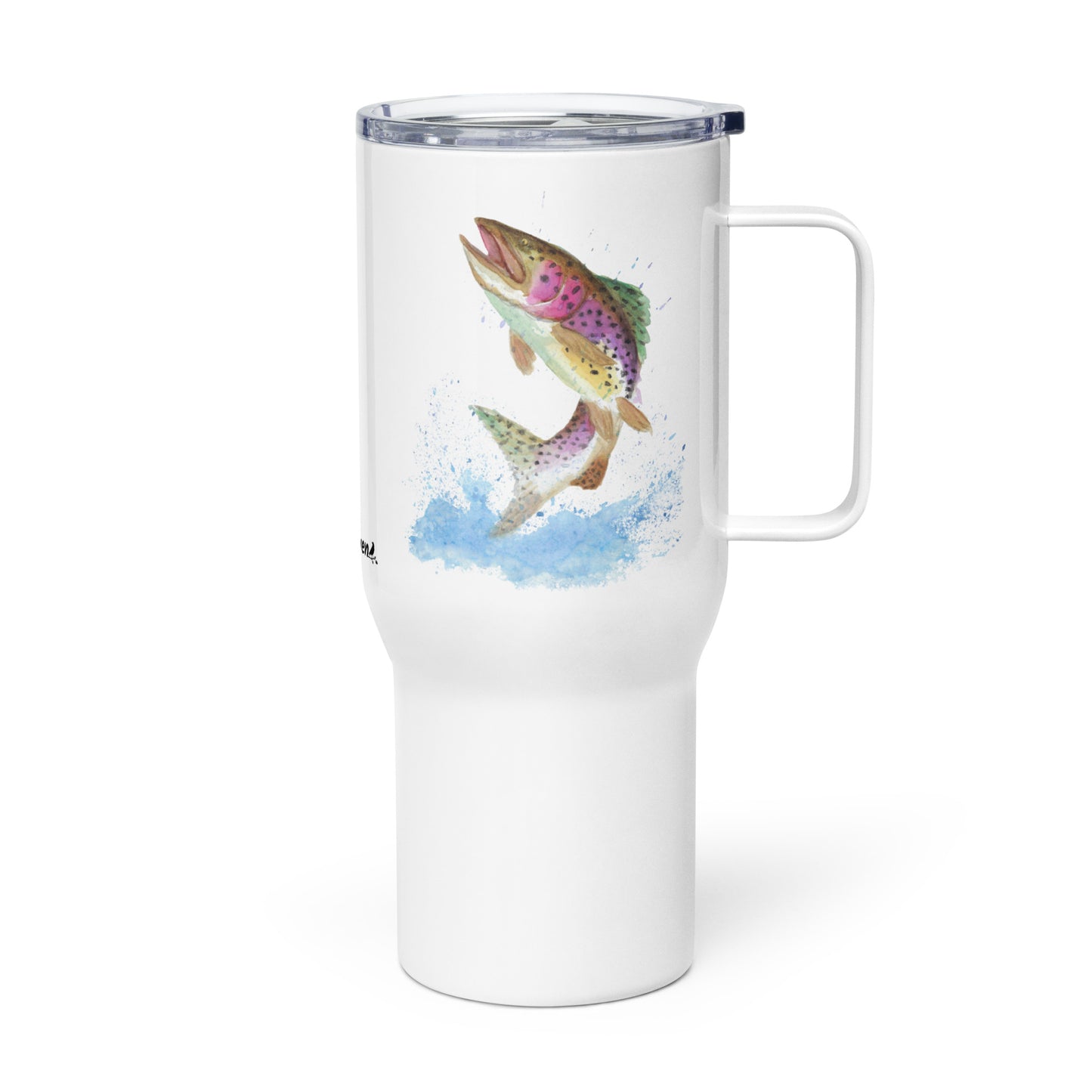 Stainless steel travel mug with handle. Holds 25 ounces of hot or cold drinks. Has print of watercolor rainbow trout fish on both sides. Fits most car cup holders. Comes with spill-proof BPA-free plastic lid.  Shown with handle facing right.