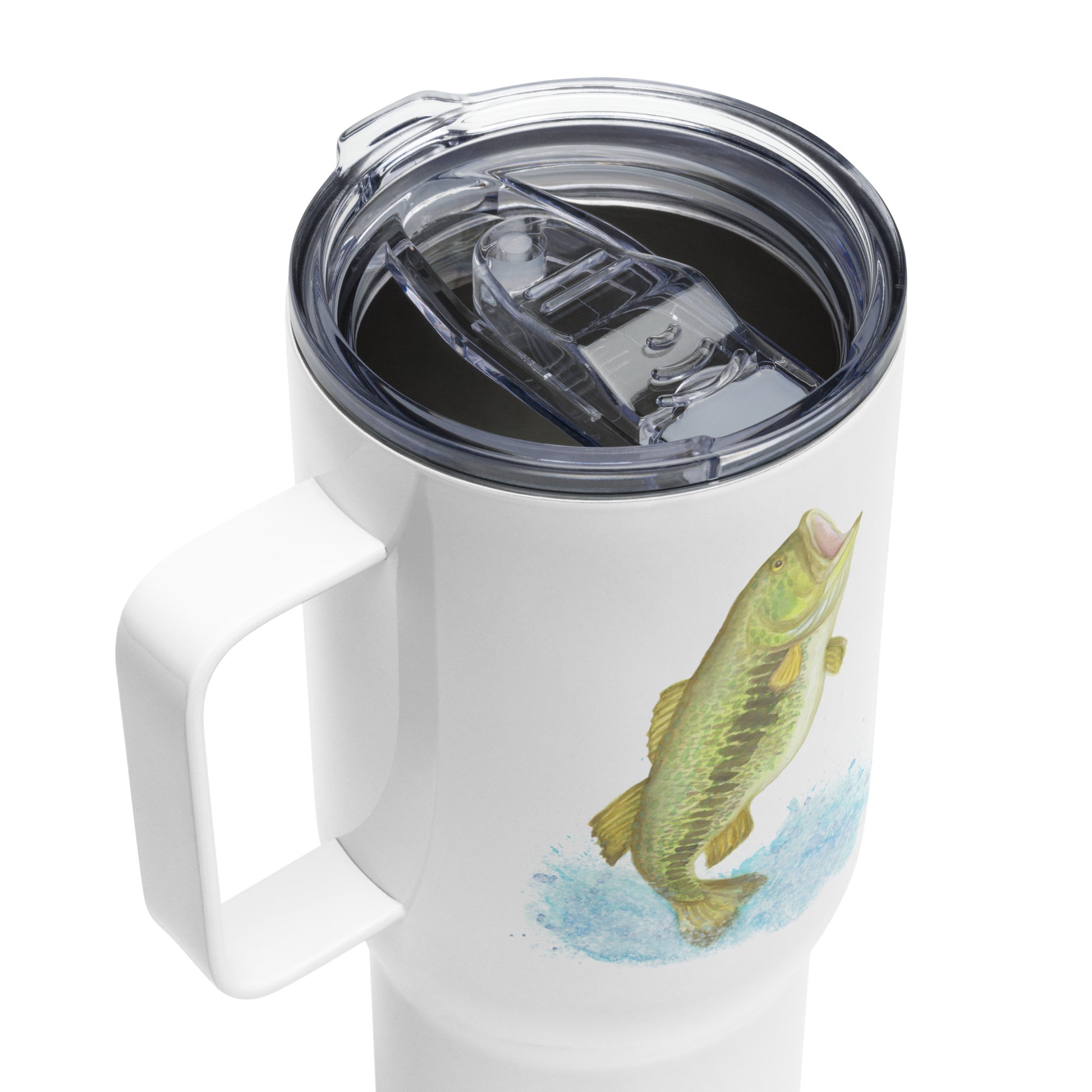 Stainless steel travel mug with handle. Holds 25 ounces of hot or cold drinks. Has print of watercolor bass fish on both sides. Fits most car cup holders. Comes with spill-proof BPA-free plastic lid. Detail view of lid.