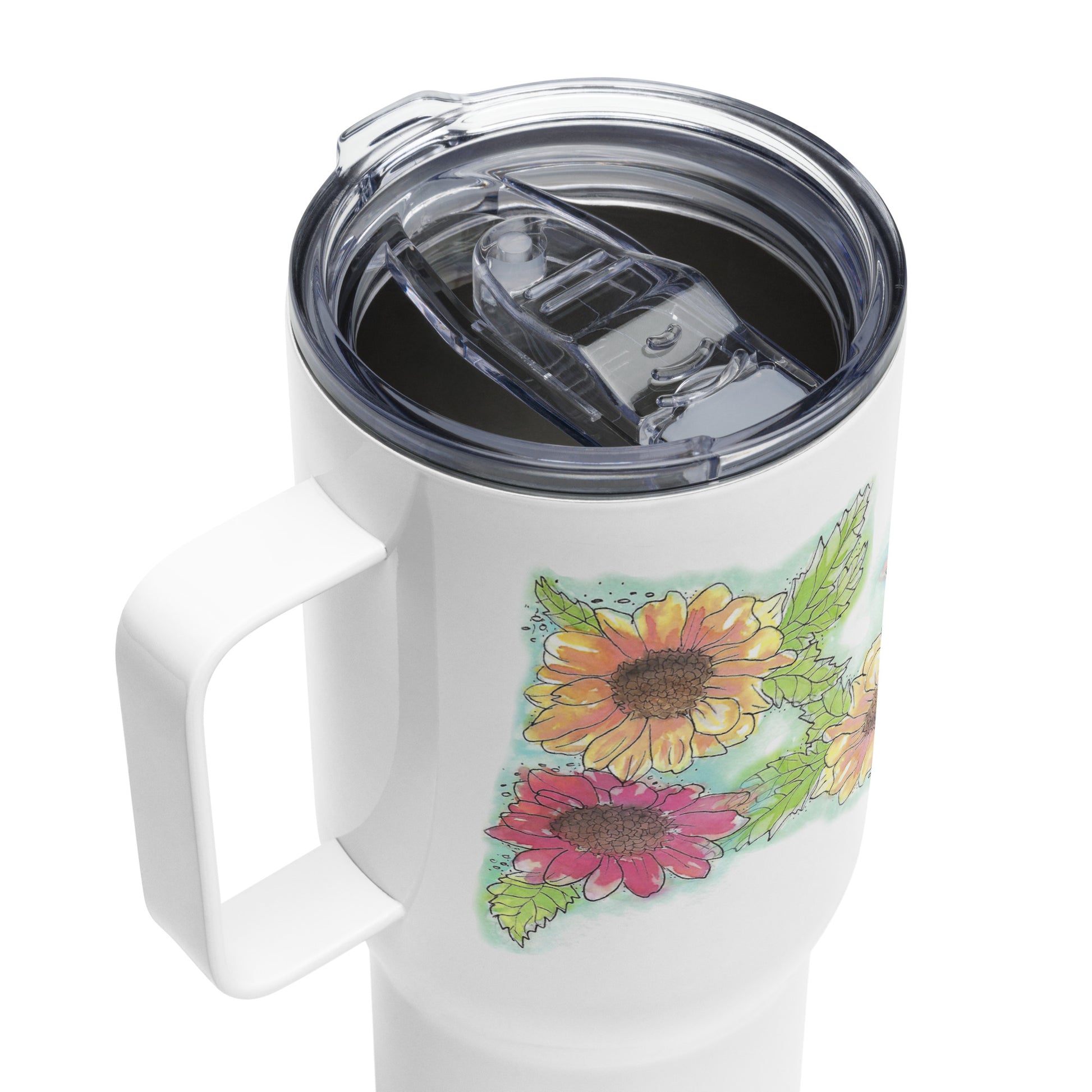 Gerber daisies stainless steel travel mug with handle. Holds 25 ounces and has a BPA-free plastic lid. Detail view of lid.