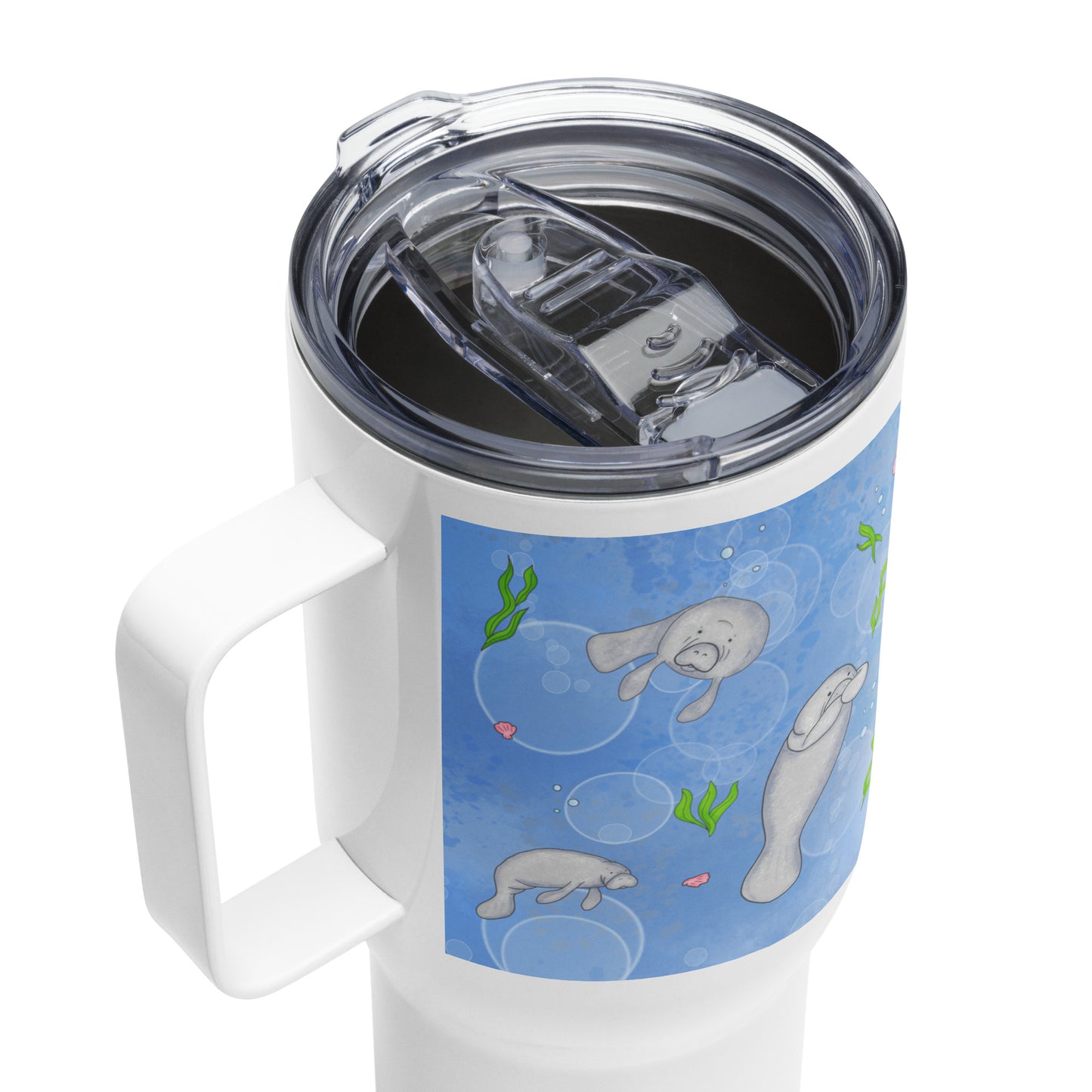 Stainless steel travel mug with handle. Holds 25 ounces of hot or cold drinks. Has wraparound illustrated manatees design. Fits most car cup holders. Comes with spill-proof BPA-free plastic lid. Detail view of lid.