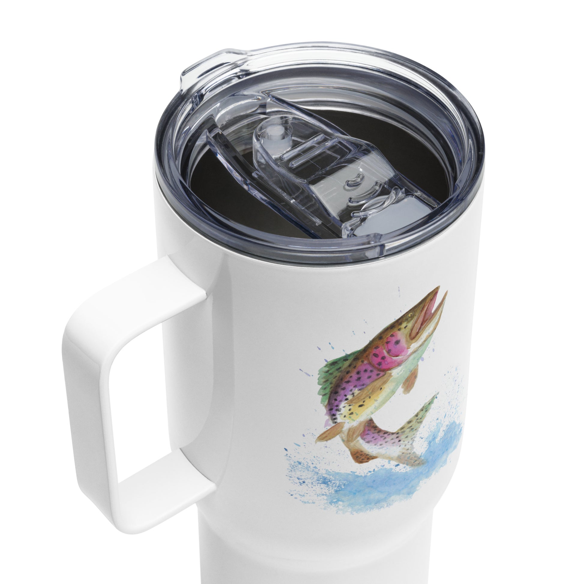 Stainless steel travel mug with handle. Holds 25 ounces of hot or cold drinks. Has print of watercolor rainbow trout fish on both sides. Fits most car cup holders. Comes with spill-proof BPA-free plastic lid. Detail view of lid.