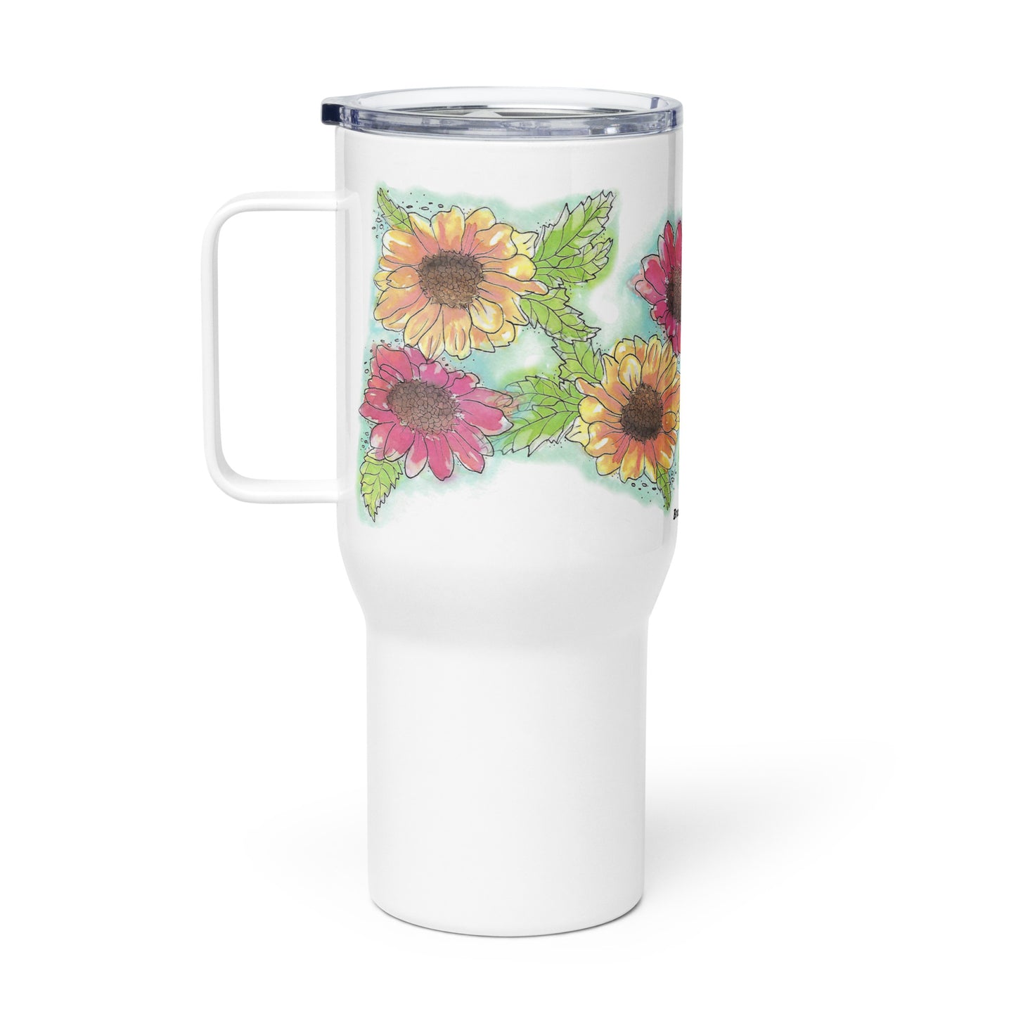 Gerber daisies stainless steel travel mug with handle. Holds 25 ounces and has a BPA-free plastic lid.