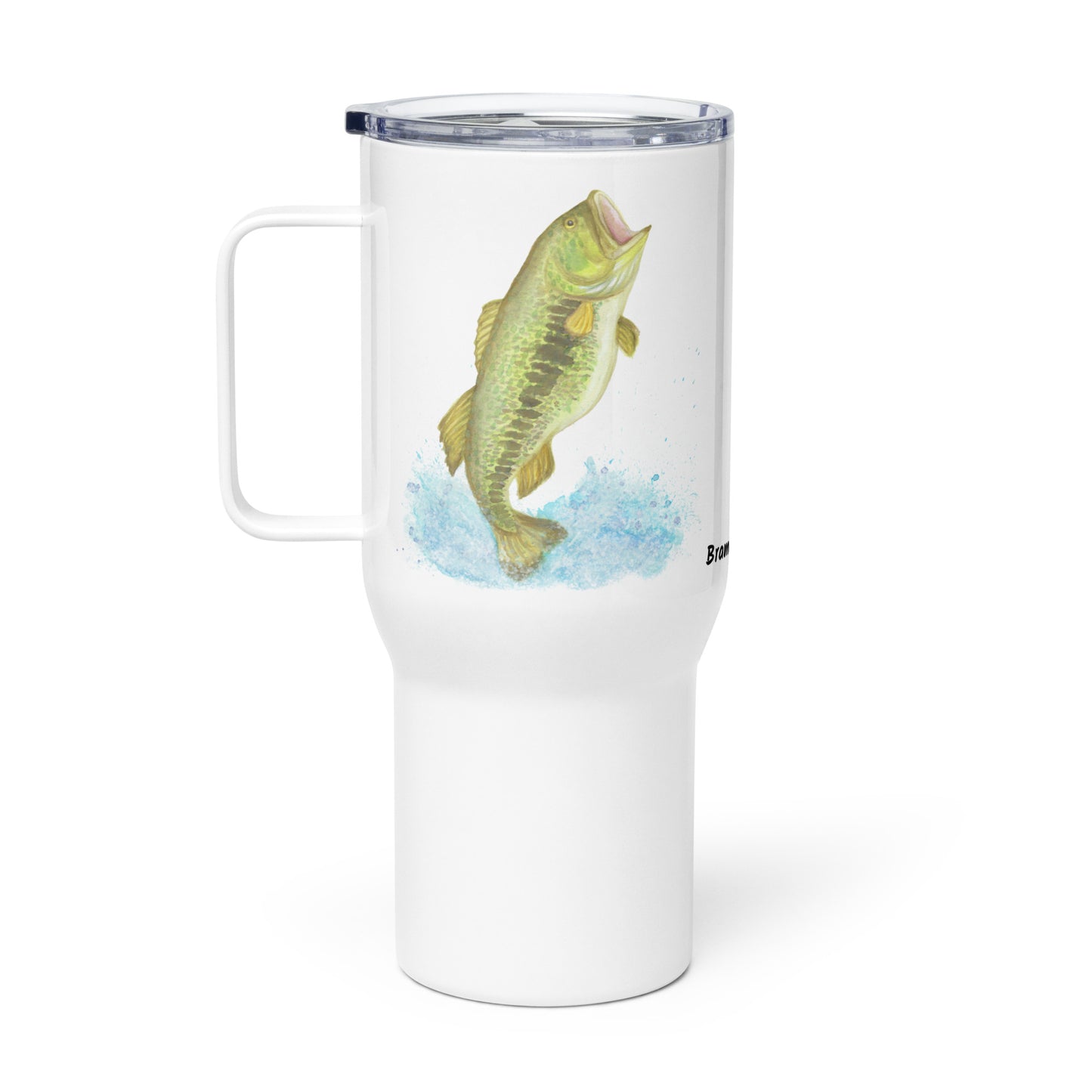 Stainless steel travel mug with handle. Holds 25 ounces of hot or cold drinks. Has print of watercolor bass fish on both sides. Fits most car cup holders. Comes with spill-proof BPA-free plastic lid.