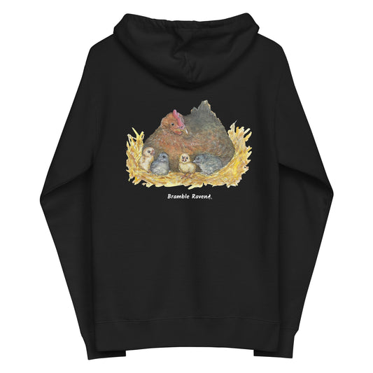 Black colored unisex zip up fleece hoodie. Has a back print of a watercolor mother hen and chicks. Made with a cotton face and cotton/polyester blend fleece. Has a lined hood, metal eyelets and zipper. Back flat lay view.