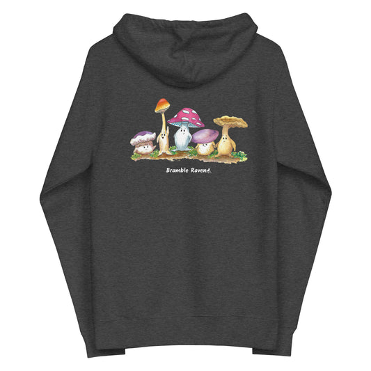 Charcoal heather grey colored unisex zip up fleece hoodie. Has a back print of Mushy and his mushroom friends. Made with a cotton face and cotton/polyester blend fleece. Has a lined hood, metal eyelets and zipper. Back flat lay view.