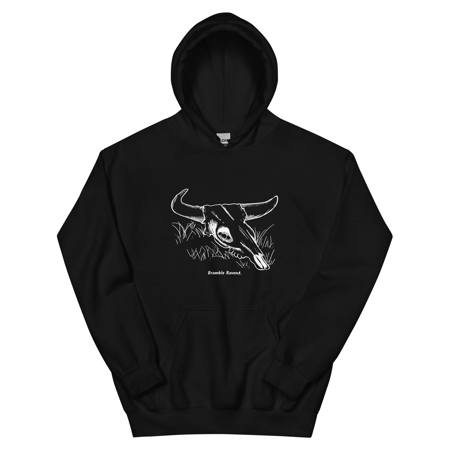 Black colored unisex hoodie. Front has image of a cow skull cradling a bird nest. Features double-lined hood and front pouch pocket.