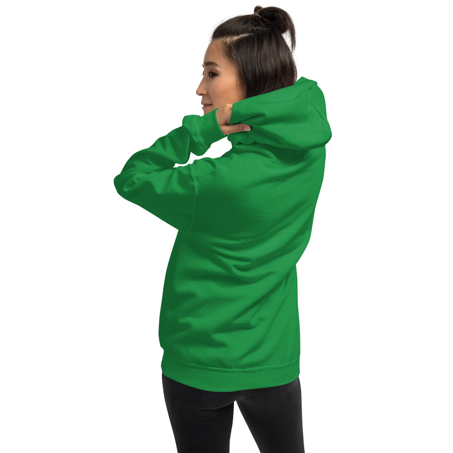 Irish green colored unisex cotton/polyester blend hoodie. Features front design of Mushy and his whimsical mushroom friends. Hoodie has double lined hood, front pouch pocket, rib knit cuffs and stretchy waistband. Back view shown on female model.