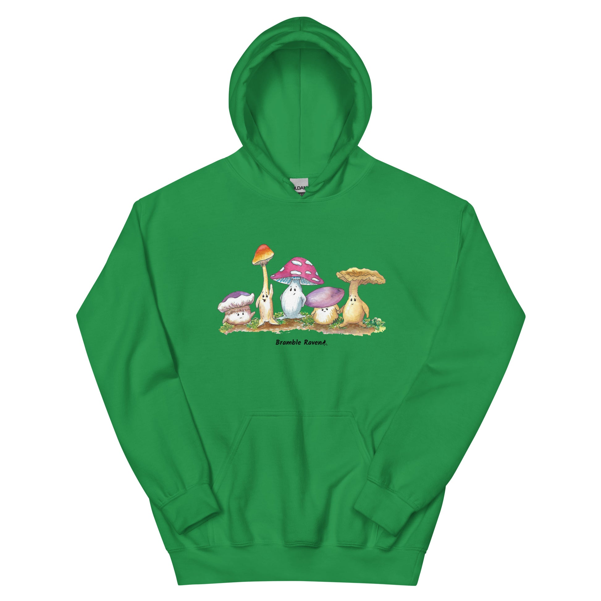 Irish green colored unisex cotton/polyester blend hoodie. Features front design of Mushy and his whimsical mushroom friends. Hoodie has double lined hood, front pouch pocket, rib knit cuffs and stretchy waistband.