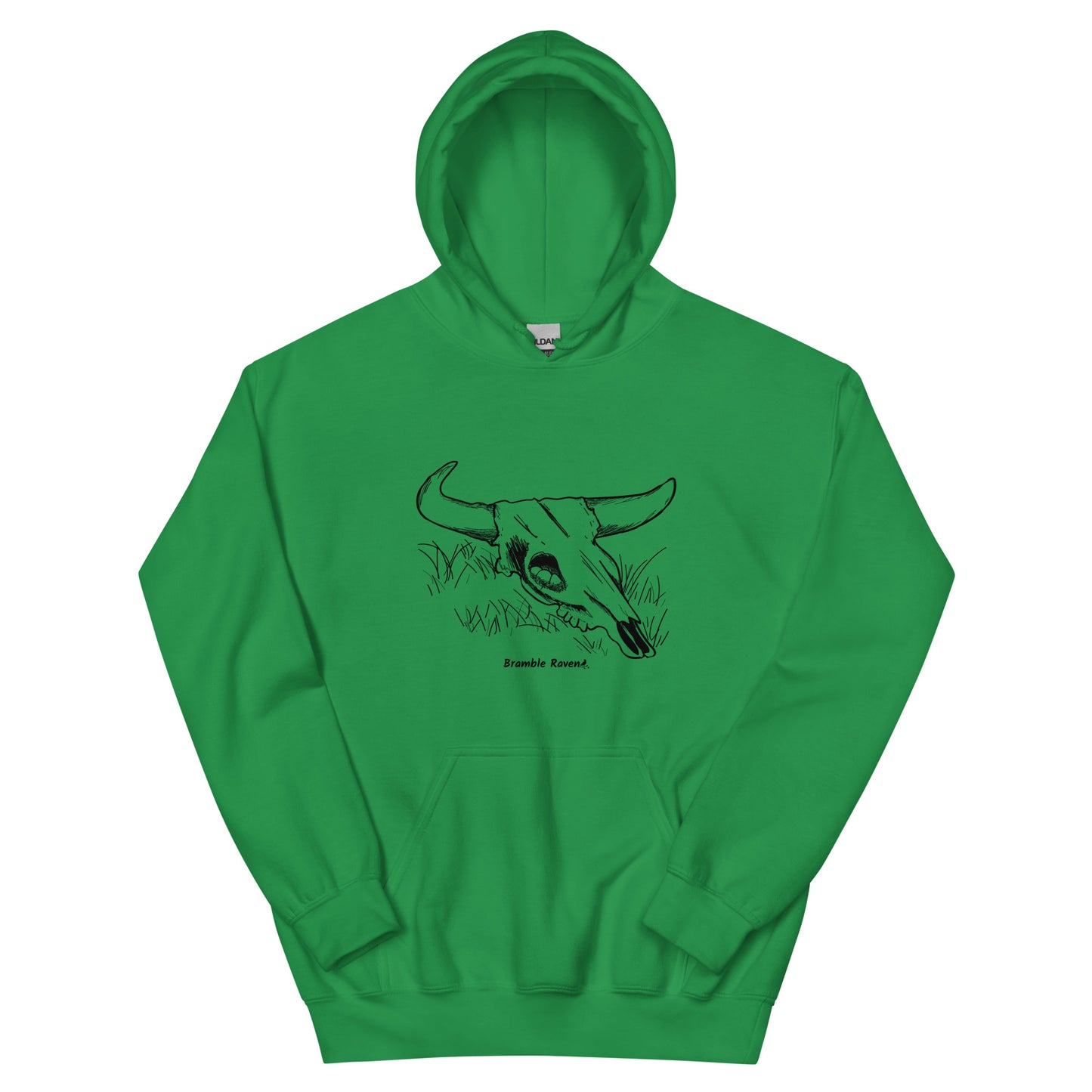 Irish green colored unisex hoodie. Front has image of a cow skull cradling a bird nest. Features double-lined hood and front pouch pocket.