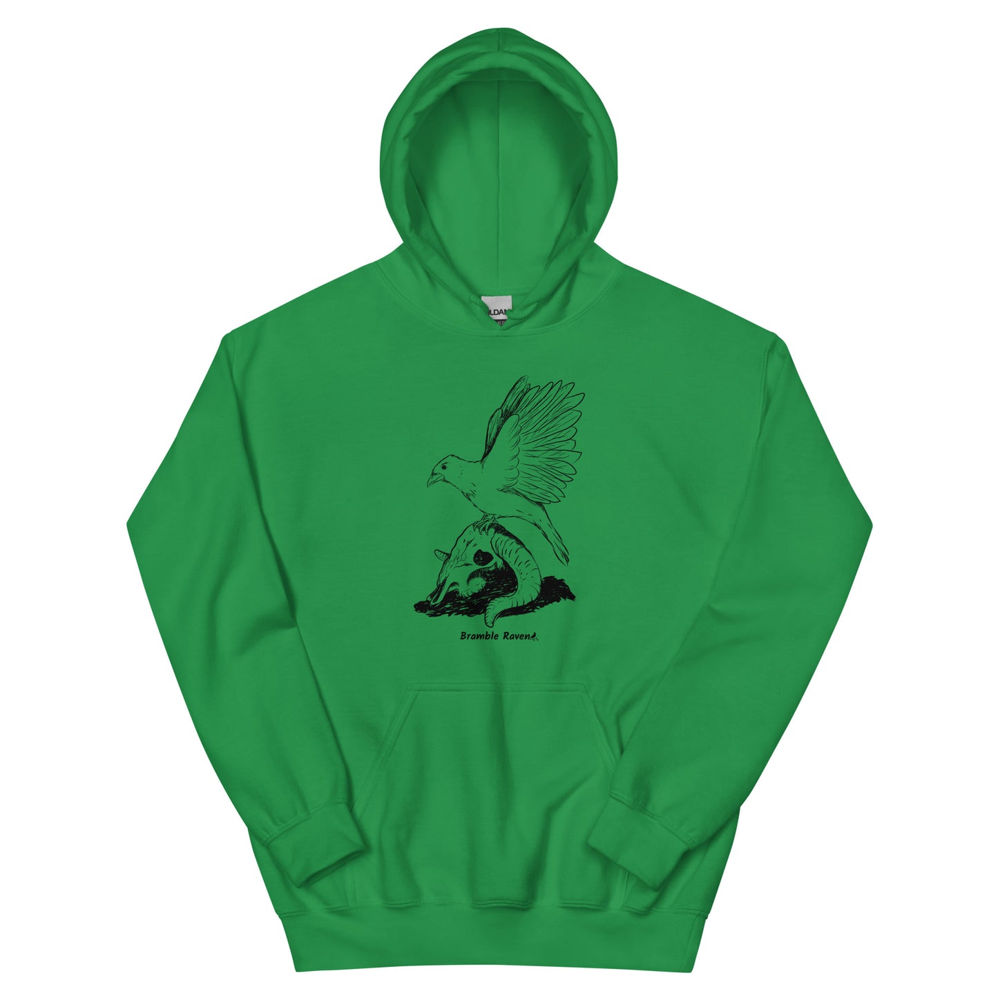 Irish green colored unisex Reflections hoodie. Features image of a crow with wings outstretched sitting on a sheep skull.  Has a front pouch pocket and double lined hood.