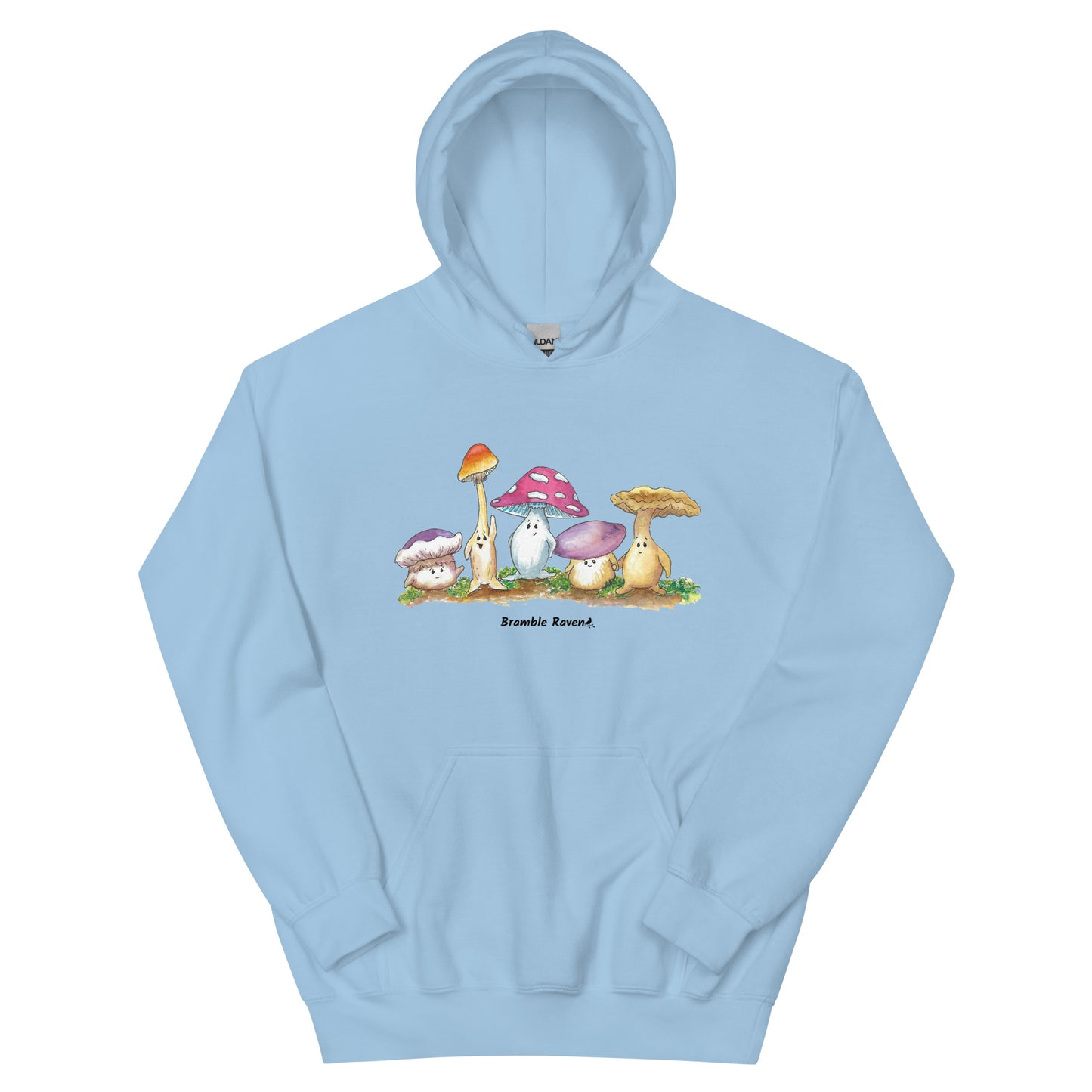 Light blue colored unisex cotton/polyester blend hoodie. Features front design of Mushy and his whimsical mushroom friends. Hoodie has double lined hood, front pouch pocket, rib knit cuffs and stretchy waistband.