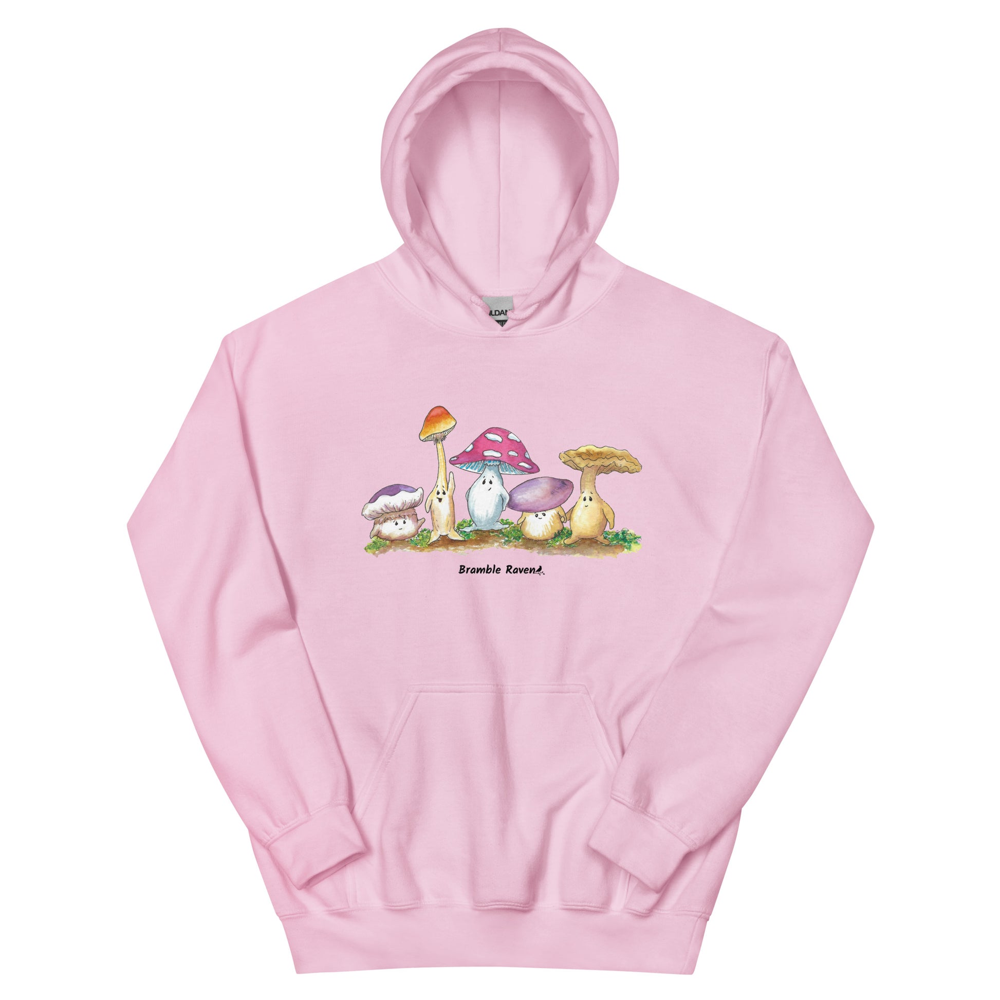 Light pink colored unisex cotton/polyester blend hoodie. Features front design of Mushy and his whimsical mushroom friends. Hoodie has double lined hood, front pouch pocket, rib knit cuffs and stretchy waistband.