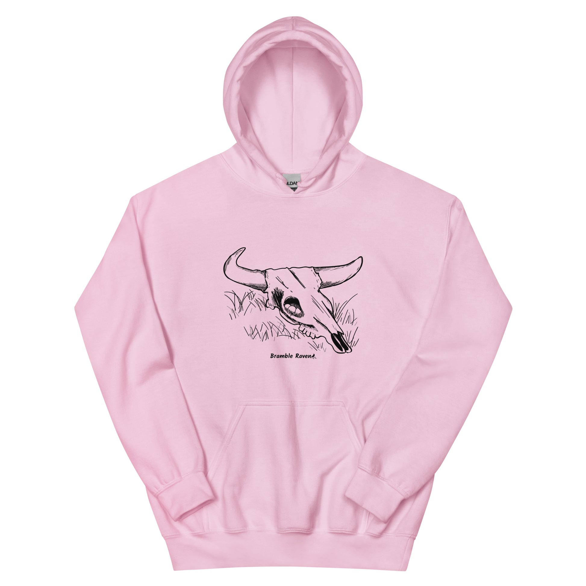 Light pink colored unisex hoodie. Front has image of a cow skull cradling a bird nest. Features double-lined hood and front pouch pocket.