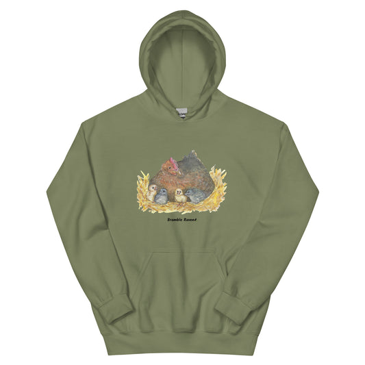 Military green colored unisex hoodie. Front has a print of a watercolor mother hen and chicks. Features a double lined hood and front pouch pocket.