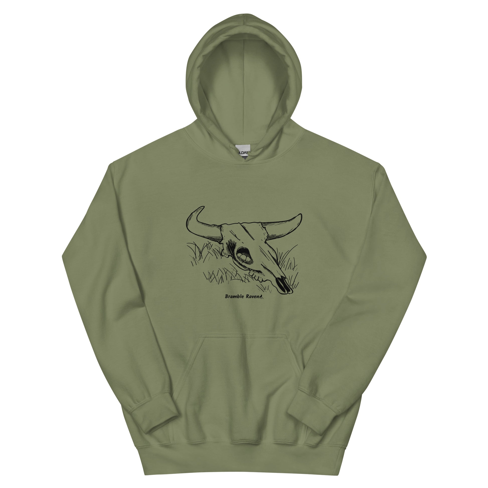 Military green colored unisex hoodie. Front has image of a cow skull cradling a bird nest. Features double-lined hood and front pouch pocket.
