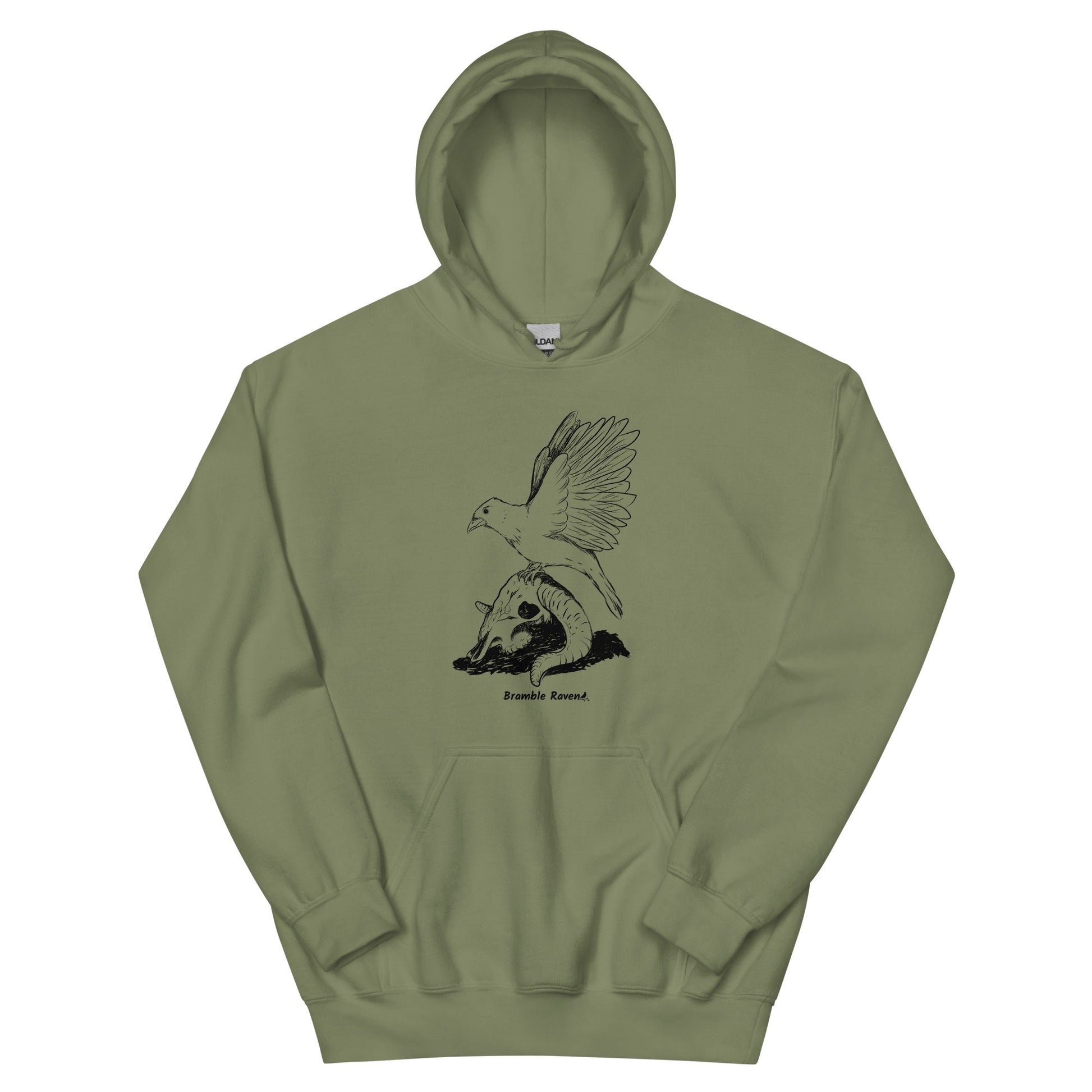 Military green colored unisex Reflections hoodie. Features image of a crow with wings outstretched sitting on a sheep skull.  Has a front pouch pocket and double lined hood.