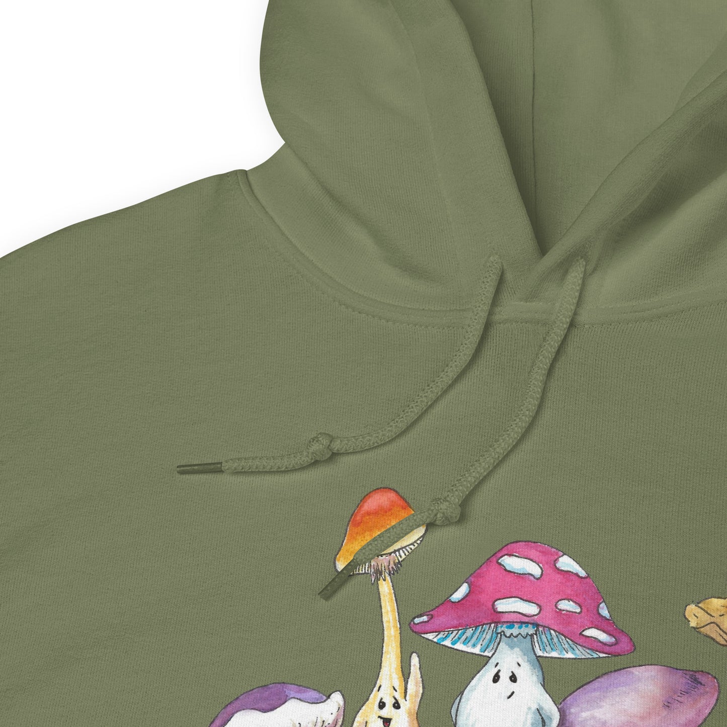 Military green colored unisex cotton/polyester blend hoodie. Features front design of Mushy and his whimsical mushroom friends. Hoodie has double lined hood, front pouch pocket, rib knit cuffs and stretchy waistband. Image shows detail view of drawstrings and hood.