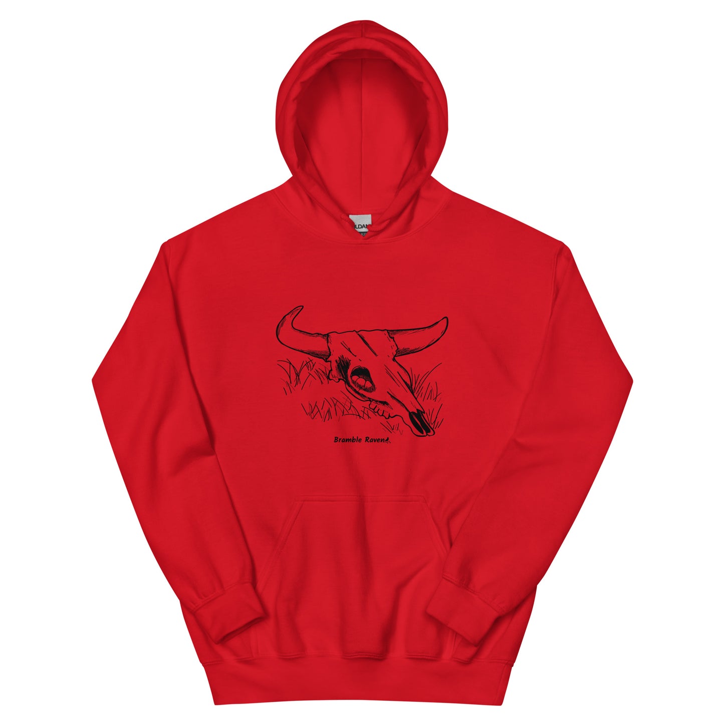 Red colored unisex hoodie. Front has image of a cow skull cradling a bird nest. Features double-lined hood and front pouch pocket.