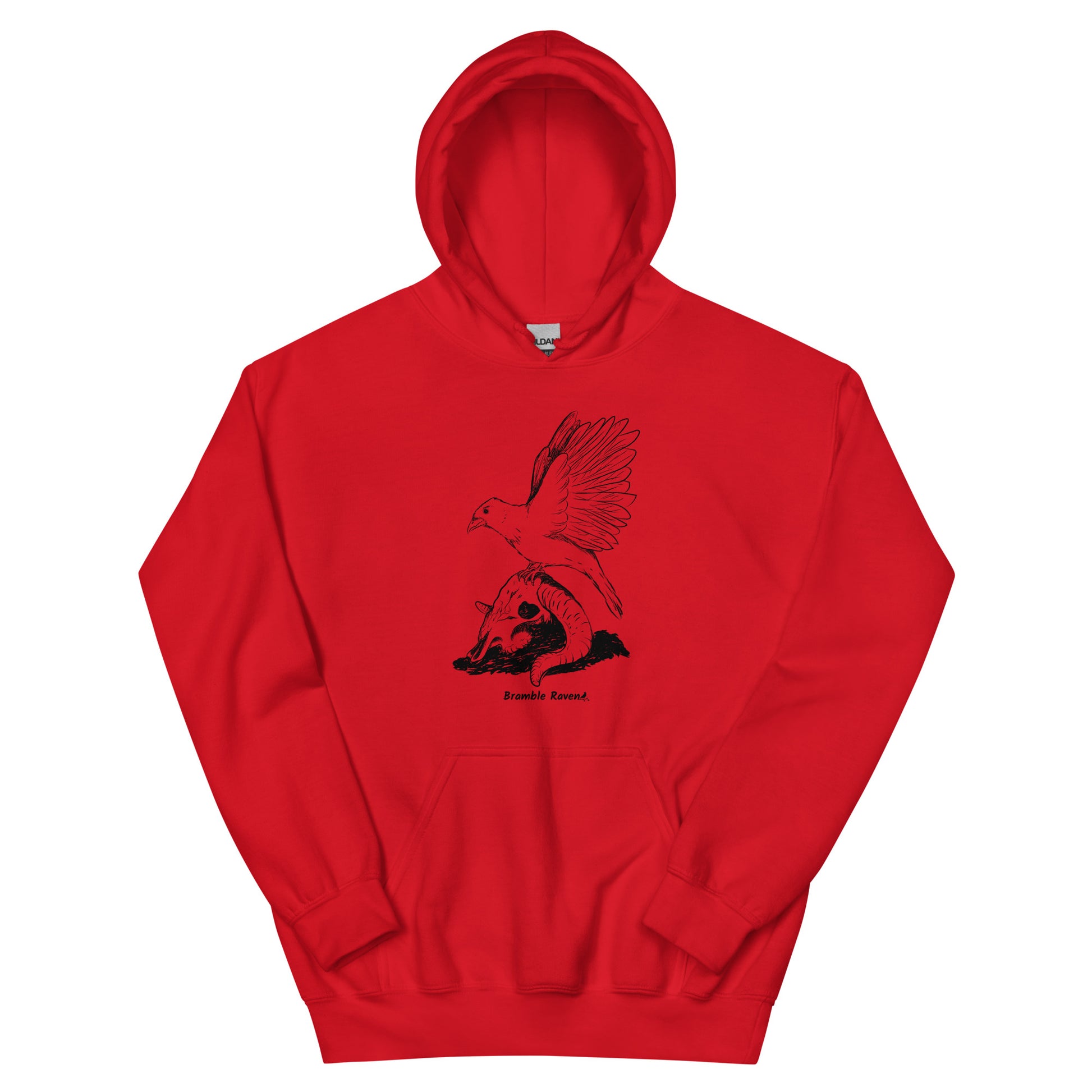 Red colored unisex Reflections hoodie. Features image of a crow with wings outstretched sitting on a sheep skull.  Has a front pouch pocket and double lined hood.