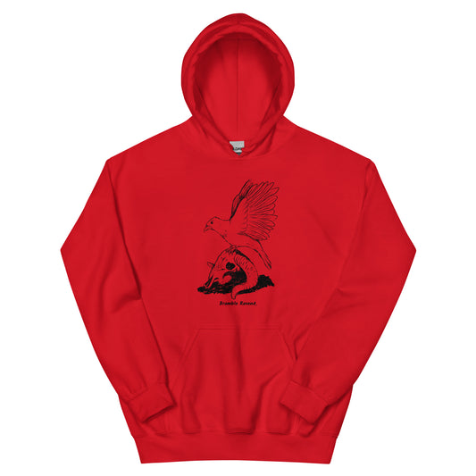 Red colored unisex Reflections hoodie. Features image of a crow with wings outstretched sitting on a sheep skull.  Has a front pouch pocket and double lined hood.