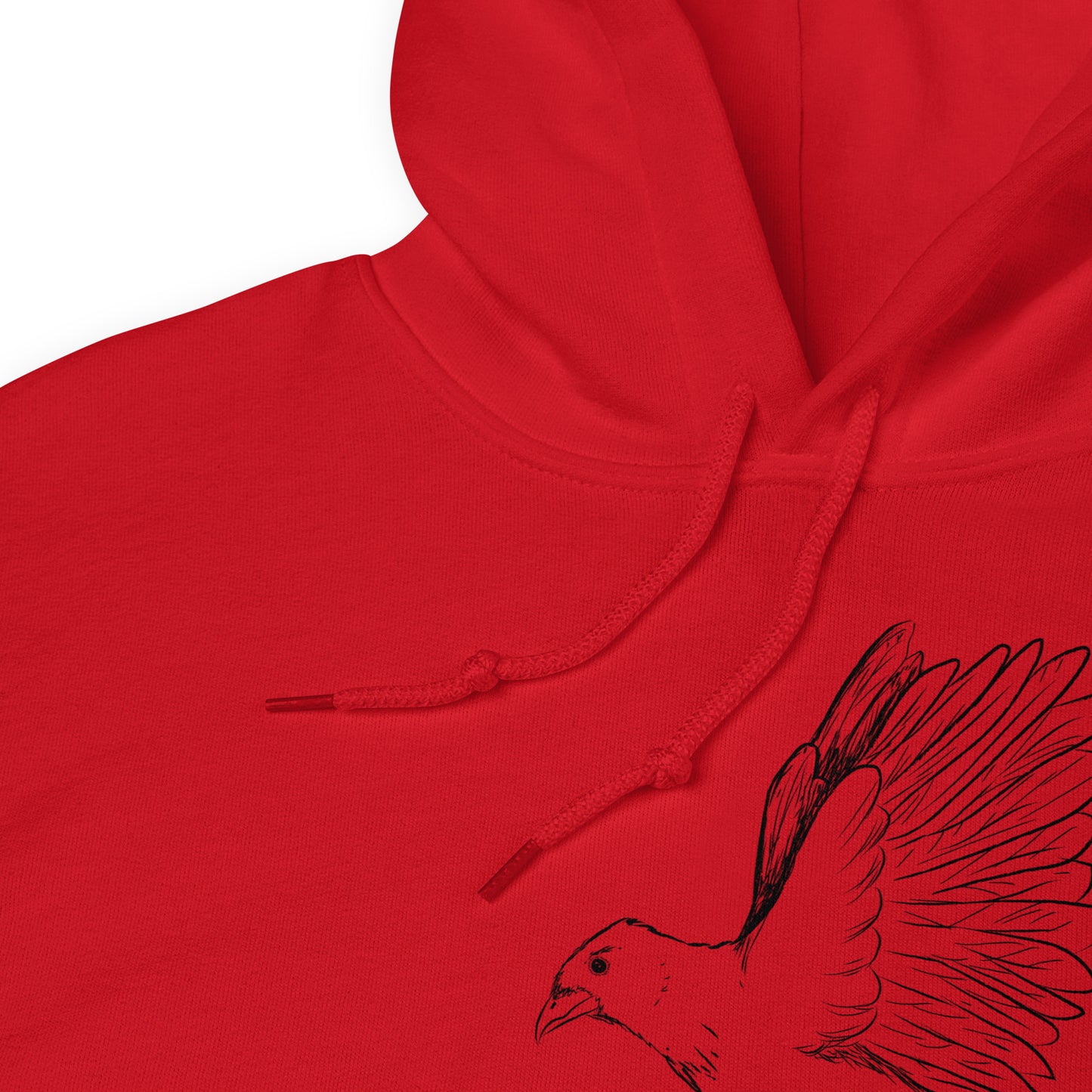 Red colored unisex Reflections hoodie. Features image of a crow with wings outstretched sitting on a sheep skull.  Has a front pouch pocket and double lined hood. Detail view of hood drawstring ties.