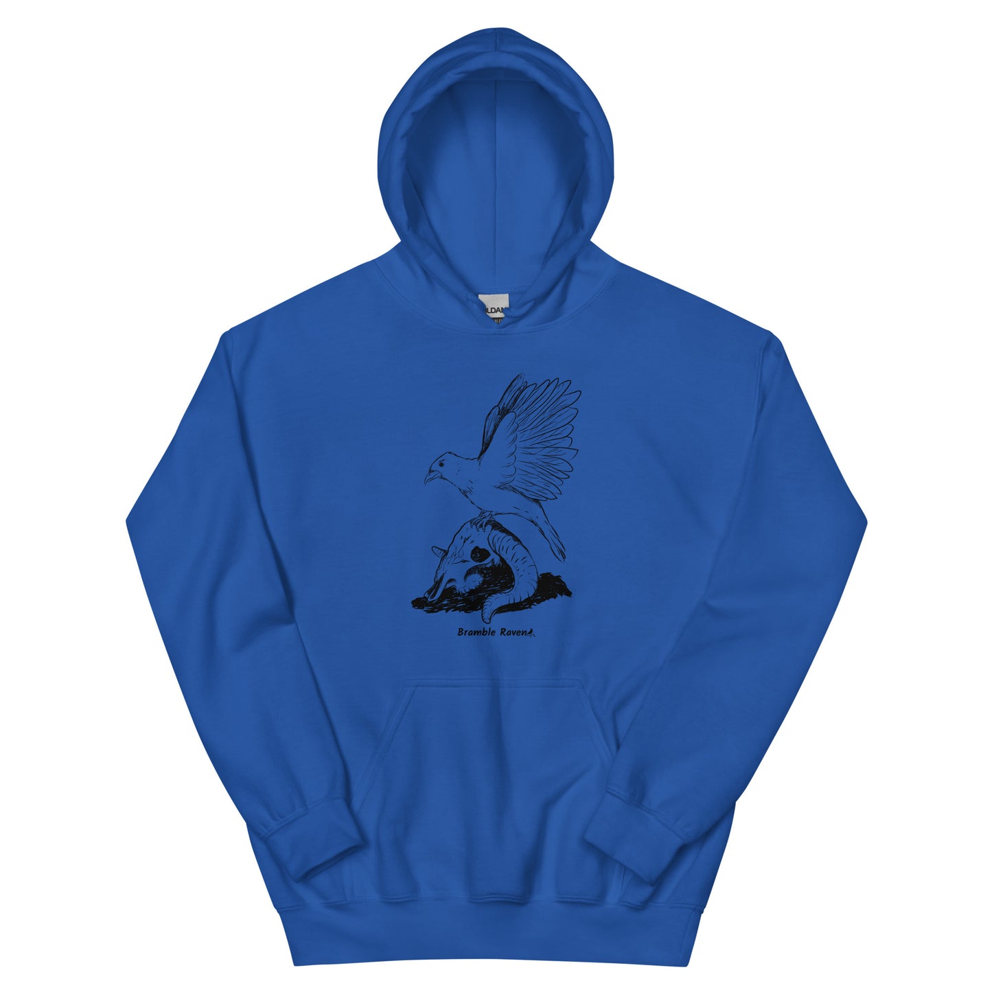 Royal blue colored unisex Reflections hoodie. Features image of a crow with wings outstretched sitting on a sheep skull.  Has a front pouch pocket and double lined hood.
