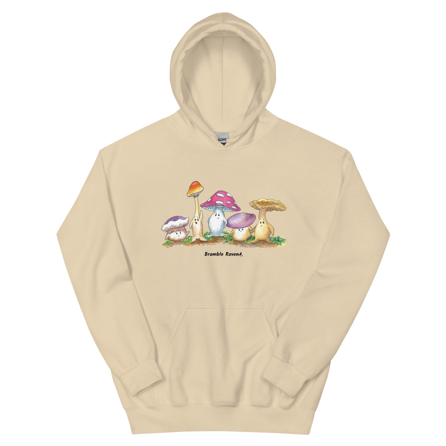 Sand colored unisex cotton/polyester blend hoodie. Features front design of Mushy and his whimsical mushroom friends. Hoodie has double lined hood, front pouch pocket, rib knit cuffs and stretchy waistband.