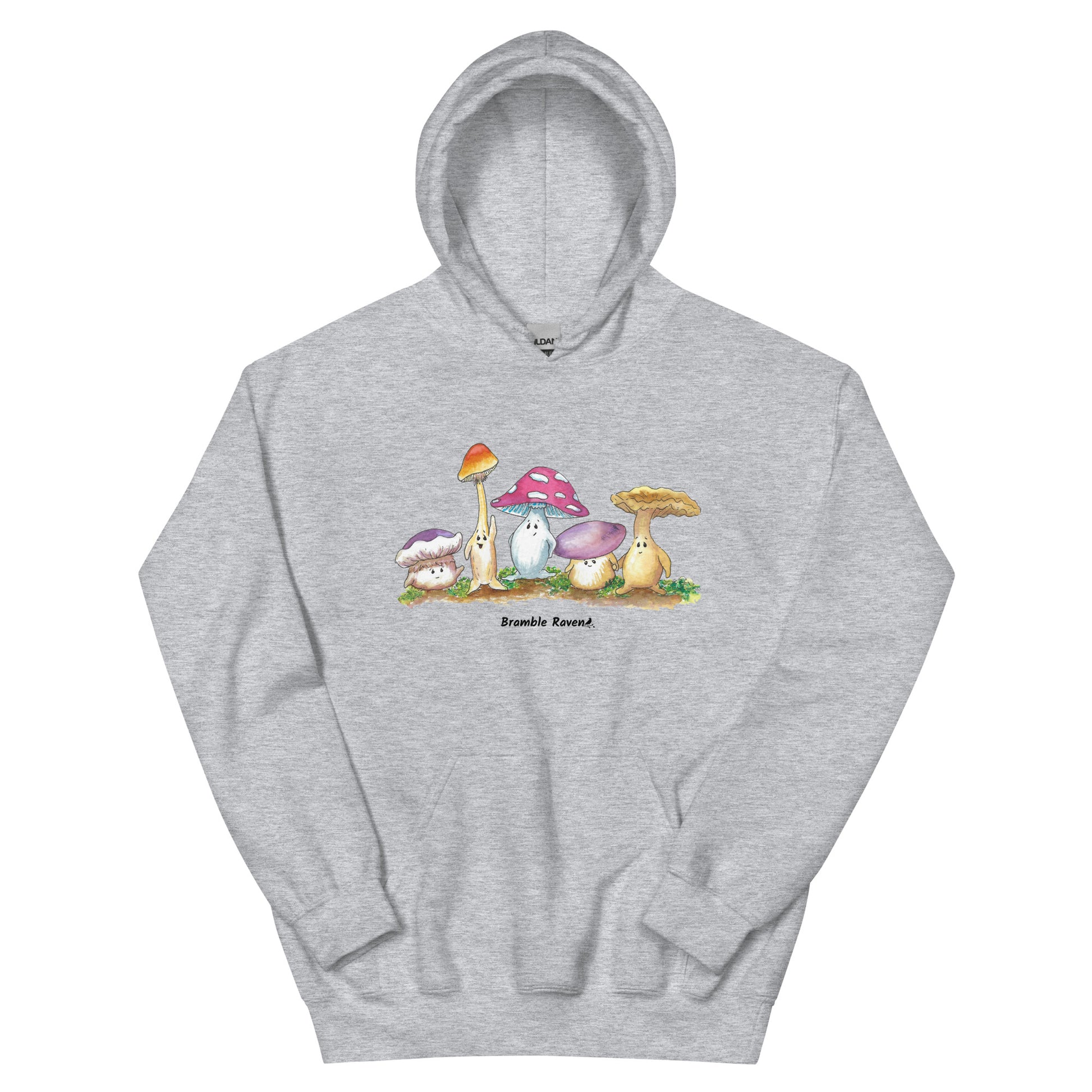 Sport grey colored unisex cotton/polyester blend hoodie. Features front design of Mushy and his whimsical mushroom friends. Hoodie has double lined hood, front pouch pocket, rib knit cuffs and stretchy waistband.
