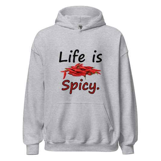 Sport grey colored unisex hoodie. Front design of Life is spicy, back design of Dill with it.