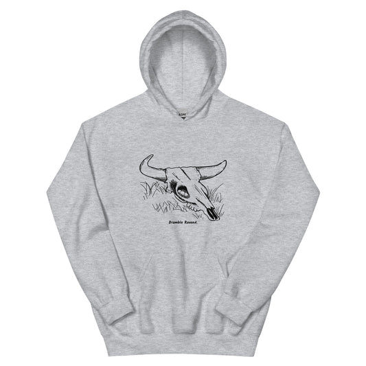 Sport grey colored unisex hoodie. Front has image of a cow skull cradling a bird nest. Features double-lined hood and front pouch pocket.