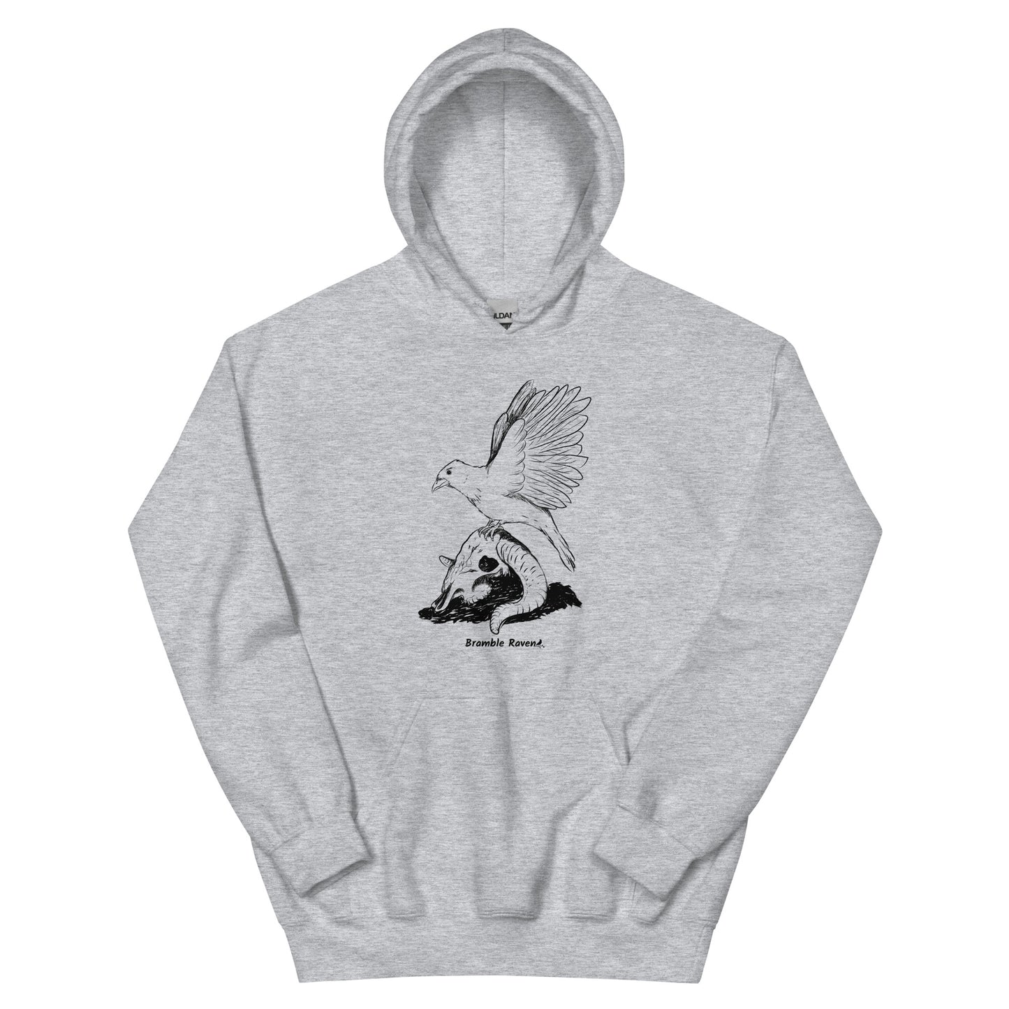 Sport grey colored unisex Reflections hoodie. Features image of a crow with wings outstretched sitting on a sheep skull.  Has a front pouch pocket and double lined hood.