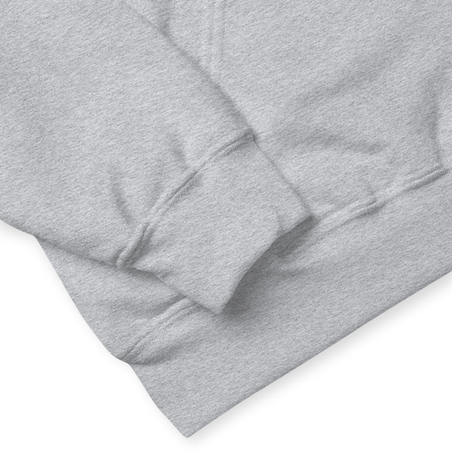Sport grey colored unisex hoodie. Front has image of a cow skull cradling a bird nest. Features double-lined hood and front pouch pocket. Detail view of waist and wrist cuffs.