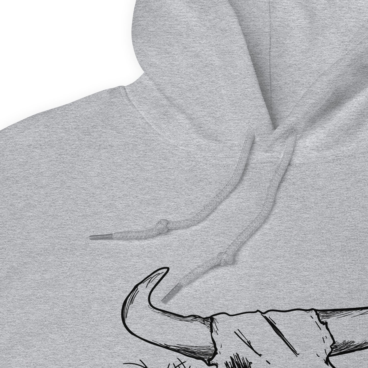 Sport grey colored unisex hoodie. Front has image of a cow skull cradling a bird nest. Features double-lined hood and front pouch pocket. Detail view of hood ties.