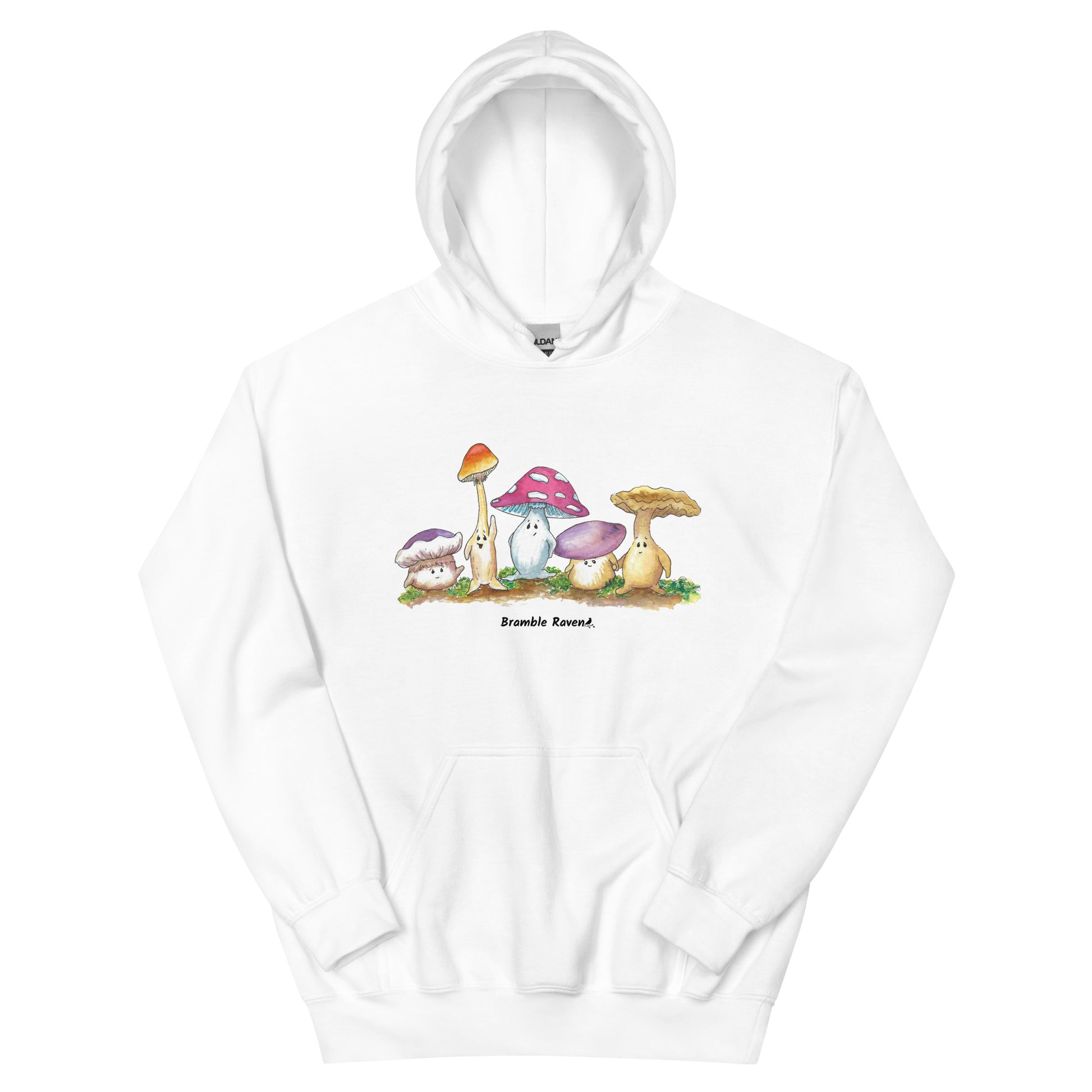 White colored unisex cotton/polyester blend hoodie. Features front design of Mushy and his whimsical mushroom friends. Hoodie has double lined hood, front pouch pocket, rib knit cuffs and stretchy waistband.