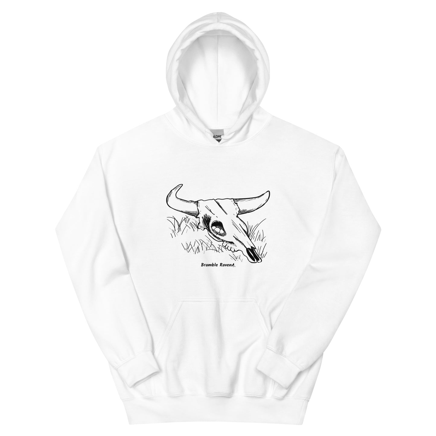 White colored unisex hoodie. Front has image of a cow skull cradling a bird nest. Features double-lined hood and front pouch pocket.
