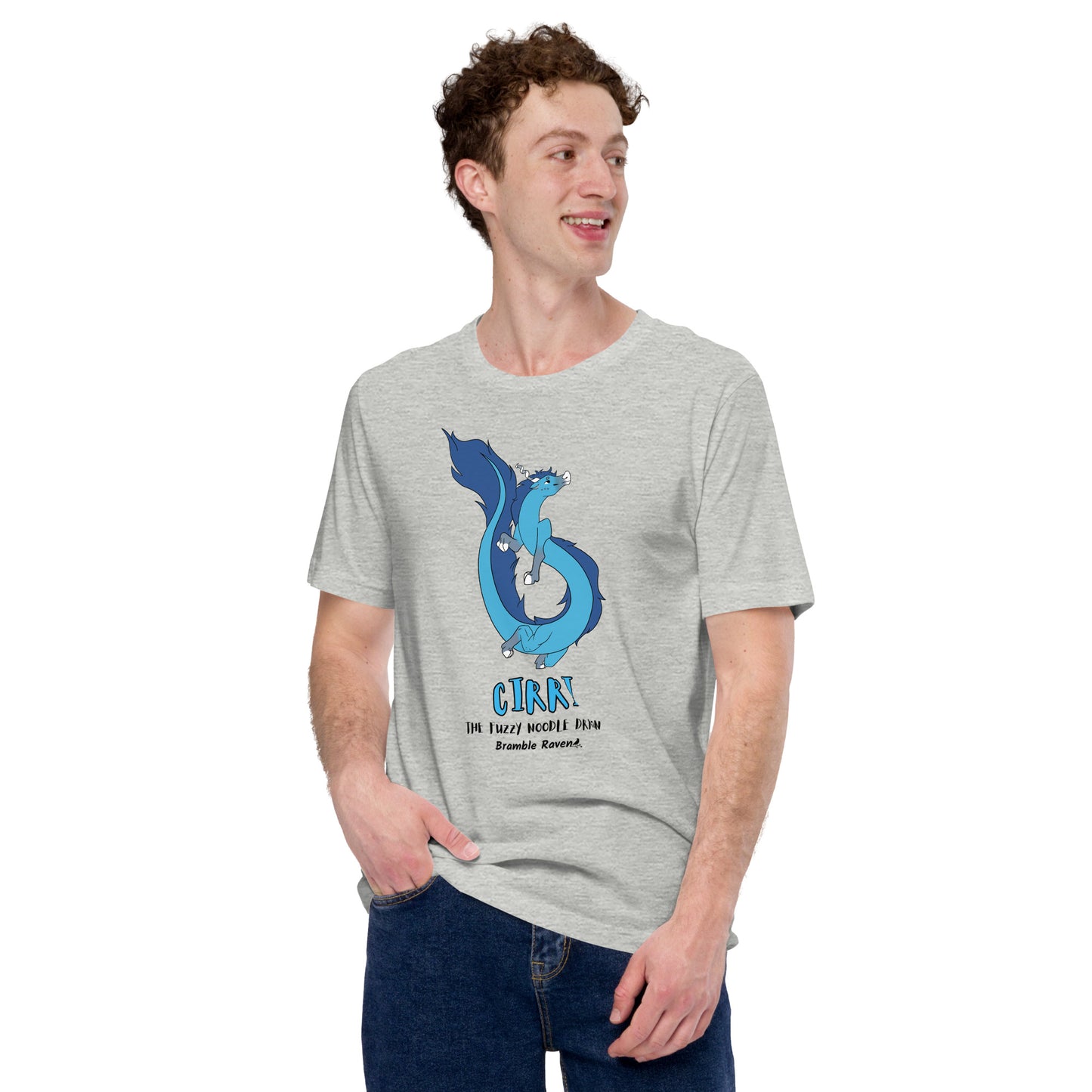 Cirri the Fuzzy Noodle Dragon on an athletic heather grey unisex t-shirt. Shown on a male model.